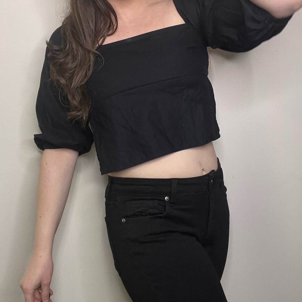 Reformation Open Back Puff Sleeve Lace Up Blouse Top in Black Size XS/S - Picture 8 of 10